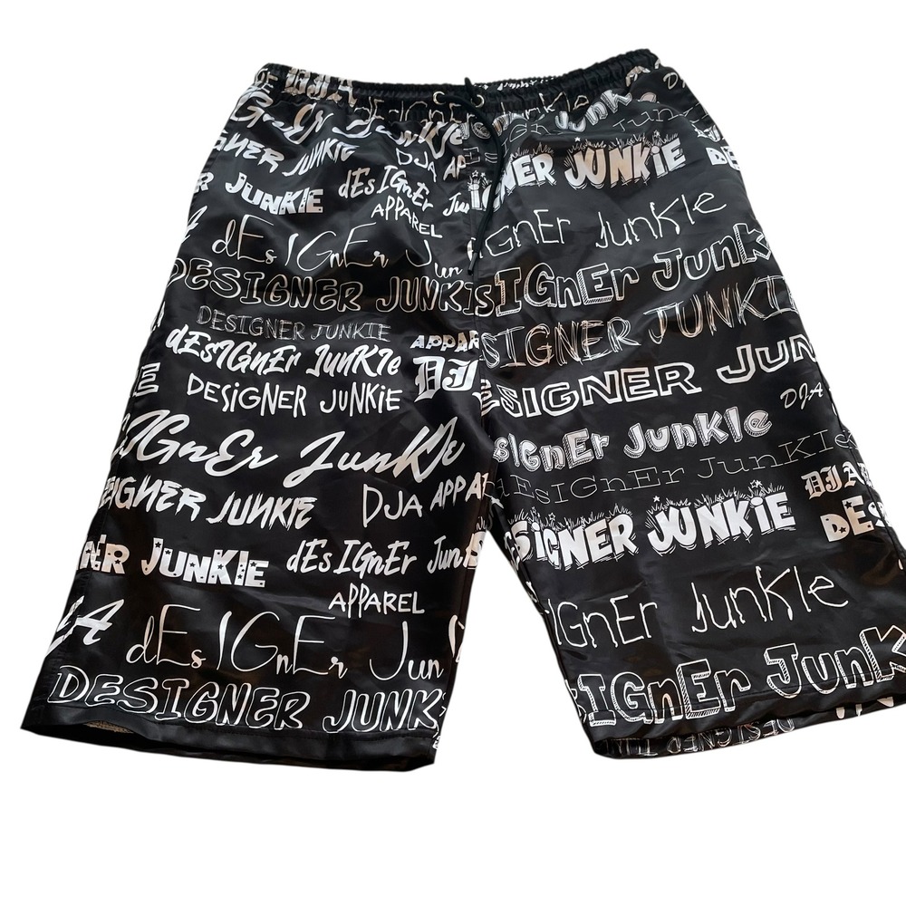 Designer‎ Junkie Mens Graphic Print Shorts Drawstring Streetwear 2X Black